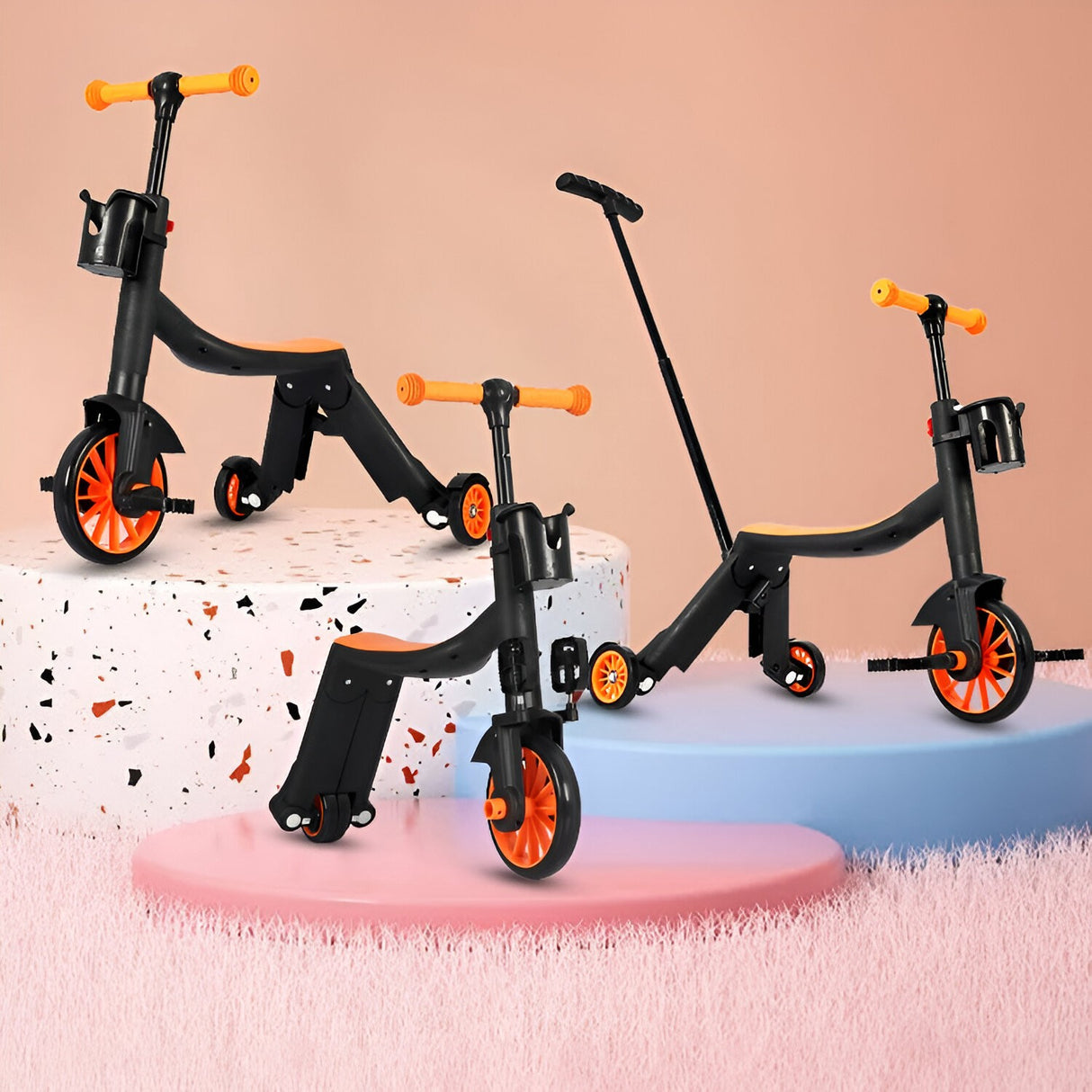 Bicicleta 8 in 1, Vivimall, Transformabila, Multifunctionala, Reglare Inaltime, cu Maner de Impingere Detasabil, Tricicleta, Trotineta, 3 Roti, Pedale, Cosulet, 3-6 Ani, Portocaliu - vivimall.ro