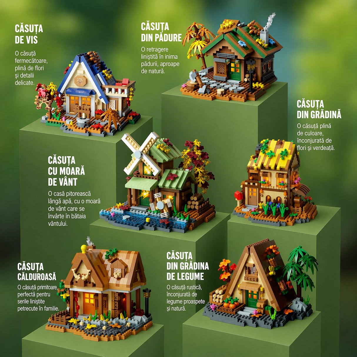 Set constructie, Flippy, Forest Log Cabin, din ABS, Model Casuta Calduroasa, 860 piese, 11.5x10.2x10 cm, Multicolor