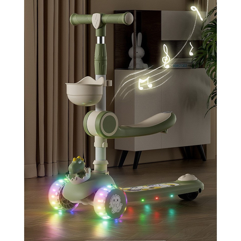 Trotineta Multifunctionala 3 in 1, Vivimall, pentru Copii, 1-7 Ani, cu Lumini si Muzica, Reglabil 360, Pliere Usoara, Reglarea Inaltimii, Model Dinozaur, Bej/Verde - vivimall.ro
