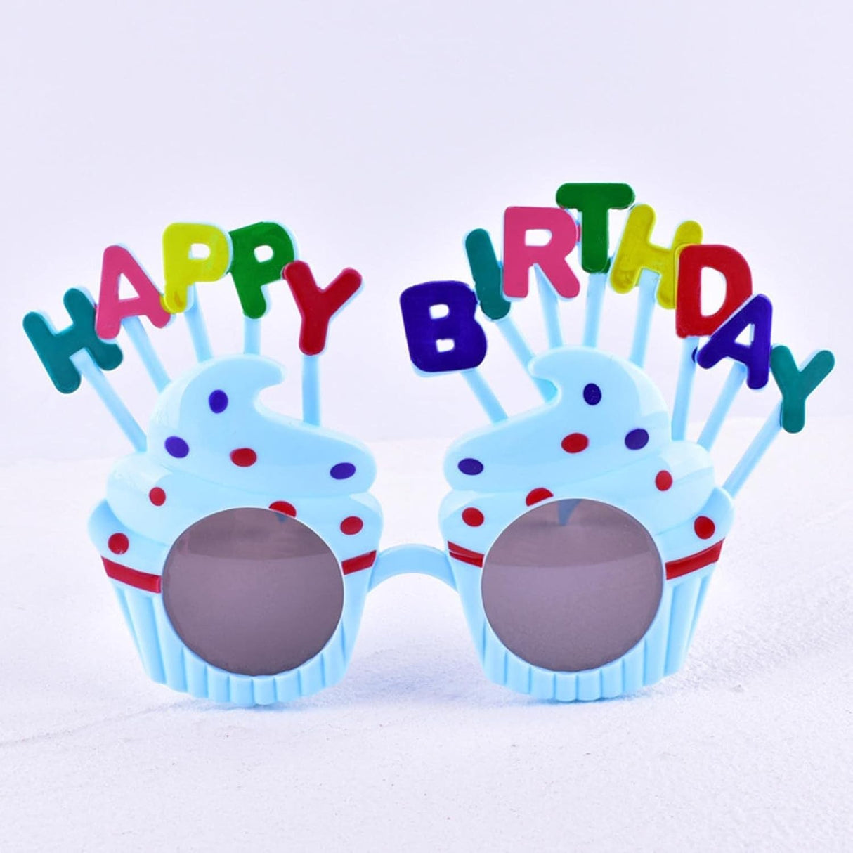 Ochelari Happy Birthday, Vivimall, Tematica Aniversare, Protectie Soare, din Plastic, Model Prajiturele, 18.5x11.5 cm, Albastru - vivimall.ro