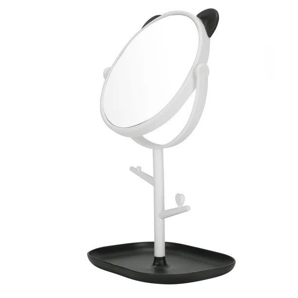 Oglina Cosmetica cu Picior, Vivimall, HD, Rotire 360 Grade, 15 cm Diametru, Suport Bijuterii Baza + Brate, Model cu Urechi, 30 x 16.5 x 15 cm, Alb/Negru - vivimall.ro