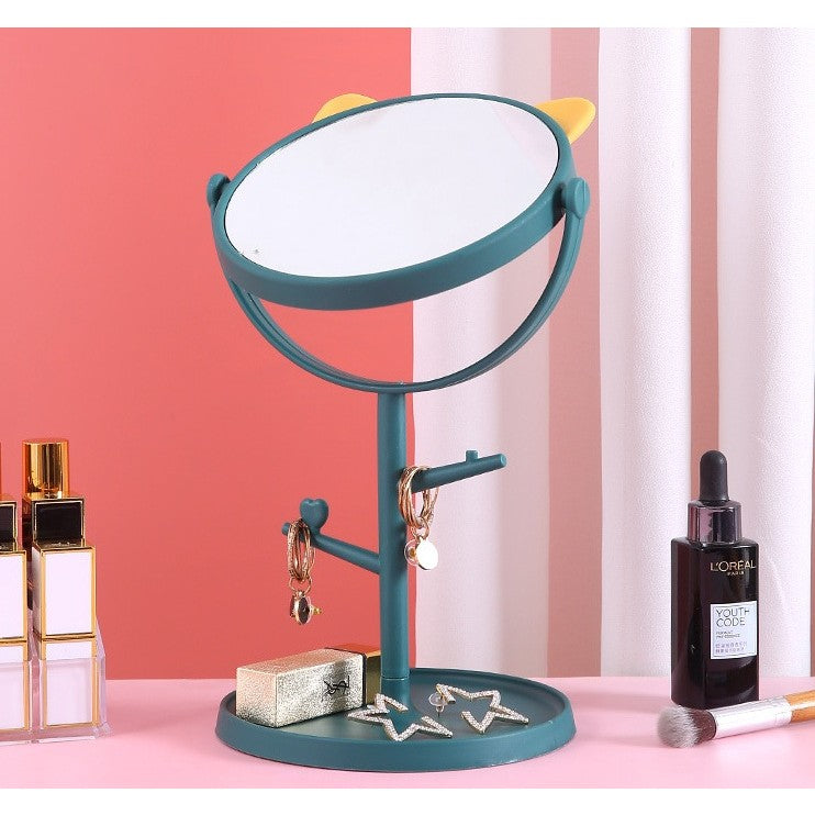 Oglina Cosmetica Cu Picior, Hd, Rotire 360 Grade, 15 Cm Diametru, Suport Bijuterii Baza Rotunda + 2 Brate, Model Cu Urechi, 31 X 14.5 X 15 Cm, Din Plastic, Albastru/Galben - vivimall.ro