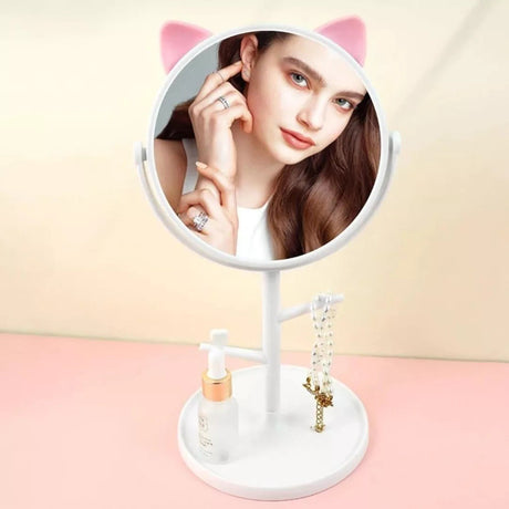 Oglina Cosmetica Cu Picior, Hd, Rotire 360 Grade, 15 Cm Diametru, Suport Bijuterii Baza Rotunda + 2 Brate, Model Cu Urechi, 31 X 14.5 X 15 Cm, Din Plastic, Alb - vivimall.ro