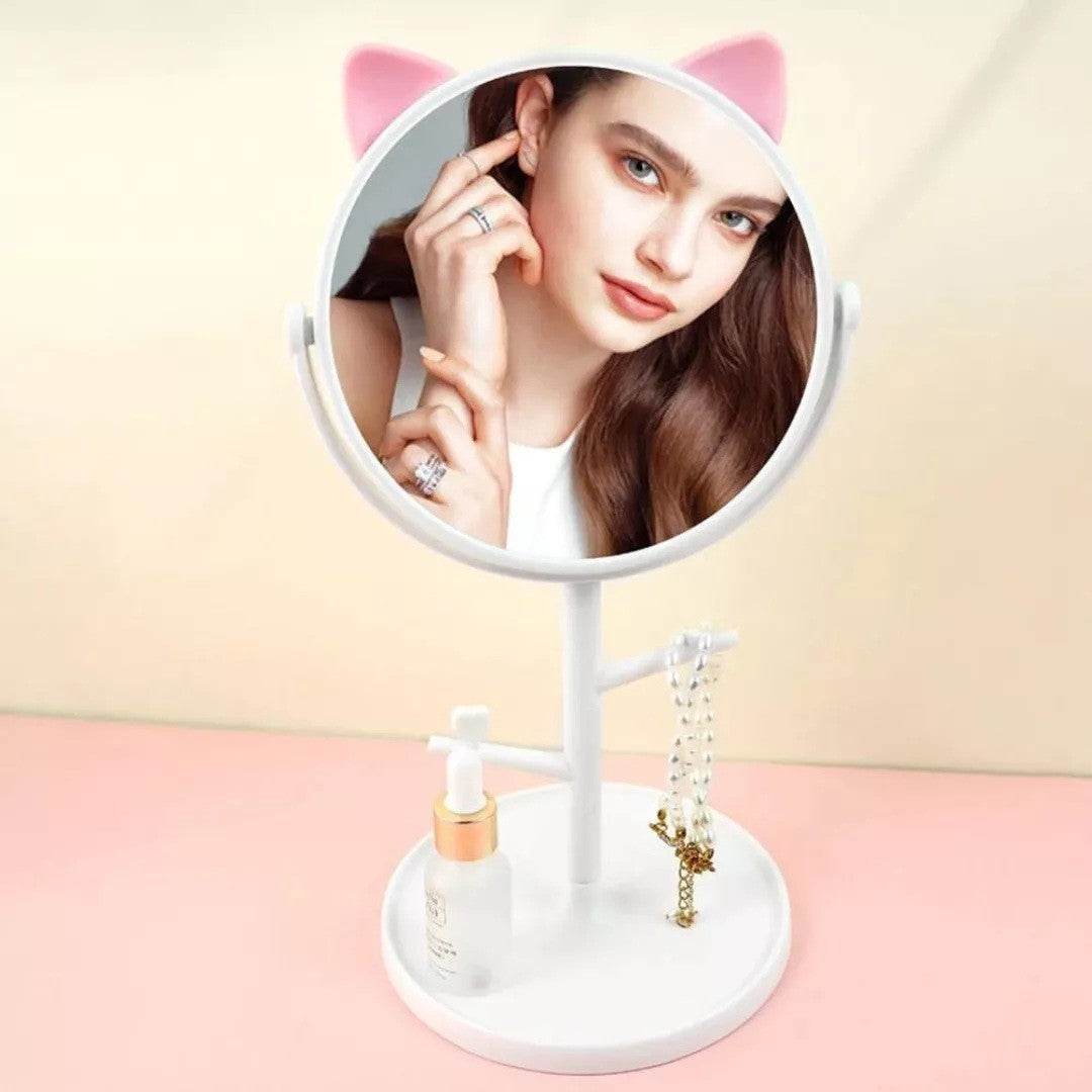 Oglina Cosmetica cu Picior, Vivimall, HD, Rotire 360 Grade, 15 cm Diametru, Suport Bijuterii Baza Rotunda + 2 Brate, Model cu Urechi, 31 x 14.5 x 15 cm, din Plastic, Alb - vivimall.ro