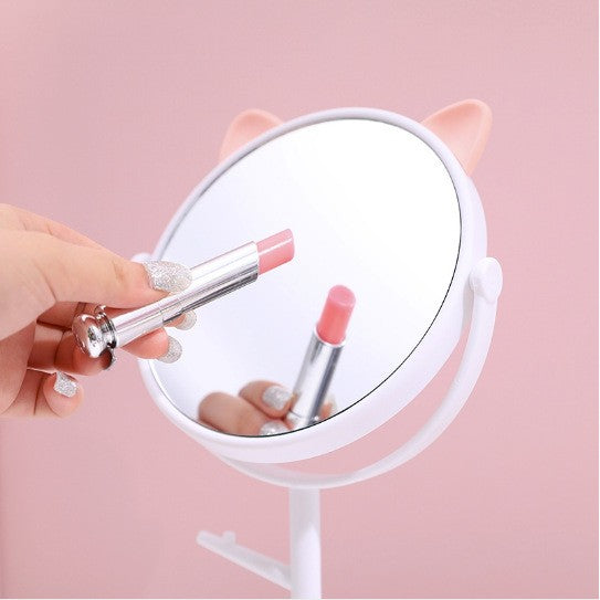 Oglina Cosmetica Cu Picior, Hd, Rotire 360 Grade, 15 Cm Diametru, Suport Bijuterii Baza Rotunda + 2 Brate, Model Cu Urechi, 31 X 14.5 X 15 Cm, Din Plastic, Alb - vivimall.ro