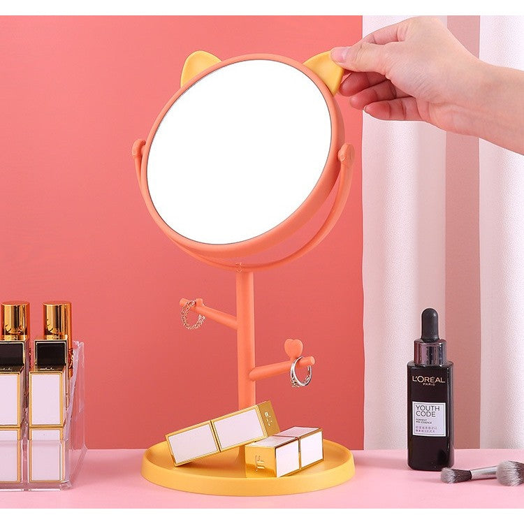 Oglina Cosmetica cu Picior, Vivimall, HD, Rotire 360 Grade, 15 cm Diametru, Suport Bijuterii Baza Rotunda + 2 Brate, Model cu Urechi, 31 x 14.5 x 15 cm, din Plastic, Portocaliu/Galben - vivimall.ro