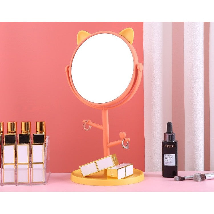 Oglina Cosmetica Cu Picior, Hd, Rotire 360 Grade, 15 Cm Diametru, Suport Bijuterii Baza Rotunda + 2 Brate, Model Cu Urechi, 31 X 14.5 X 15 Cm, Din Plastic, Portocaliu/Galben - vivimall.ro