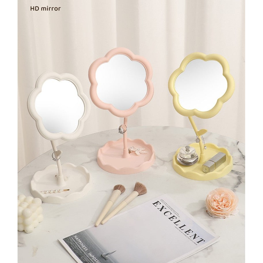 Oglindă de Machiaj pentru Birou, Vivimall, Rotativă, Detasabilă, Model de Floarea Soarelui, Suport pentru Inele, cu Depozitare, Alba - vivimall.ro