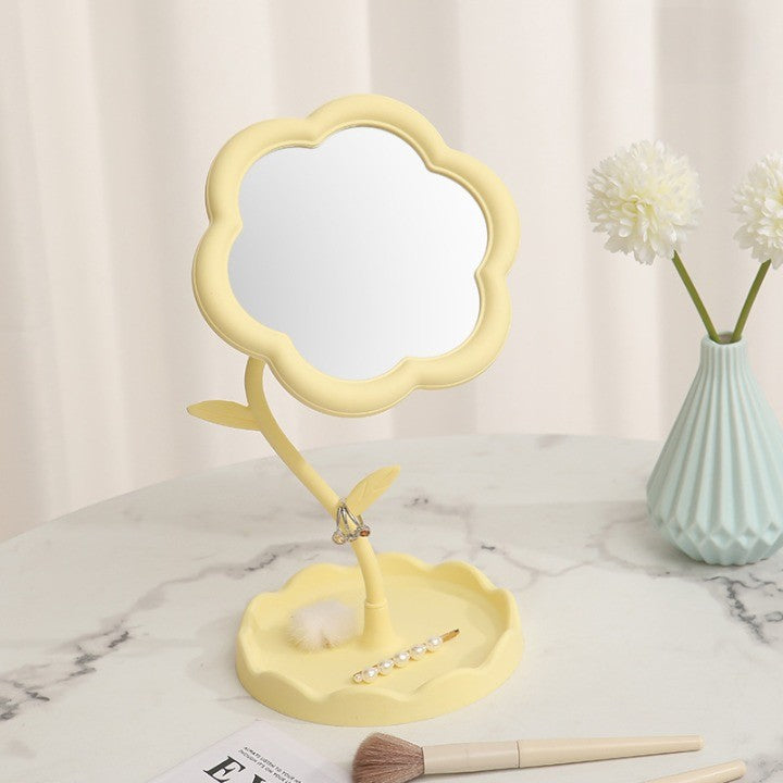 Oglindă de Machiaj pentru Birou, Vivimall, Rotativă, Detasabilă, Model de Floarea Soarelui, Suport pentru Inele, cu Depozitare, Galbena - vivimall.ro