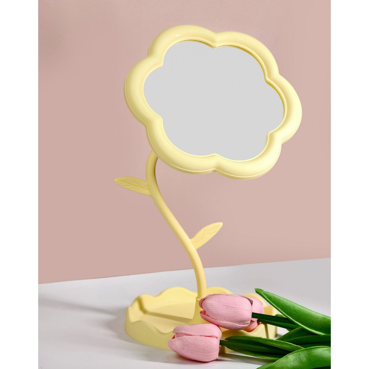 Oglindă de Machiaj pentru Birou, Vivimall, Rotativă, Detasabilă, Model de Floarea Soarelui, Suport pentru Inele, cu Depozitare, Galbena - vivimall.ro