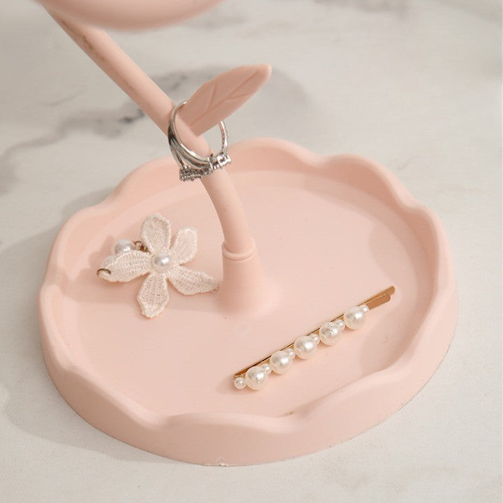 Oglindă de Machiaj pentru Birou, Vivimall, Rotativă, Detasabilă, Model de Floarea Soarelui, Suport pentru Inele, cu Depozitare, Roz - vivimall.ro