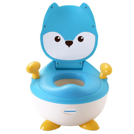 Olita Pentru Copii, +6 Luni, Compartiment Detasabil, Cu Capac, Antiderapanta, Din Plastic, Colac Moale, Model Animat Vulpe, Cu Maner, 34.5 X 35 X 23 Cm, Albastru/Alb - vivimall.ro