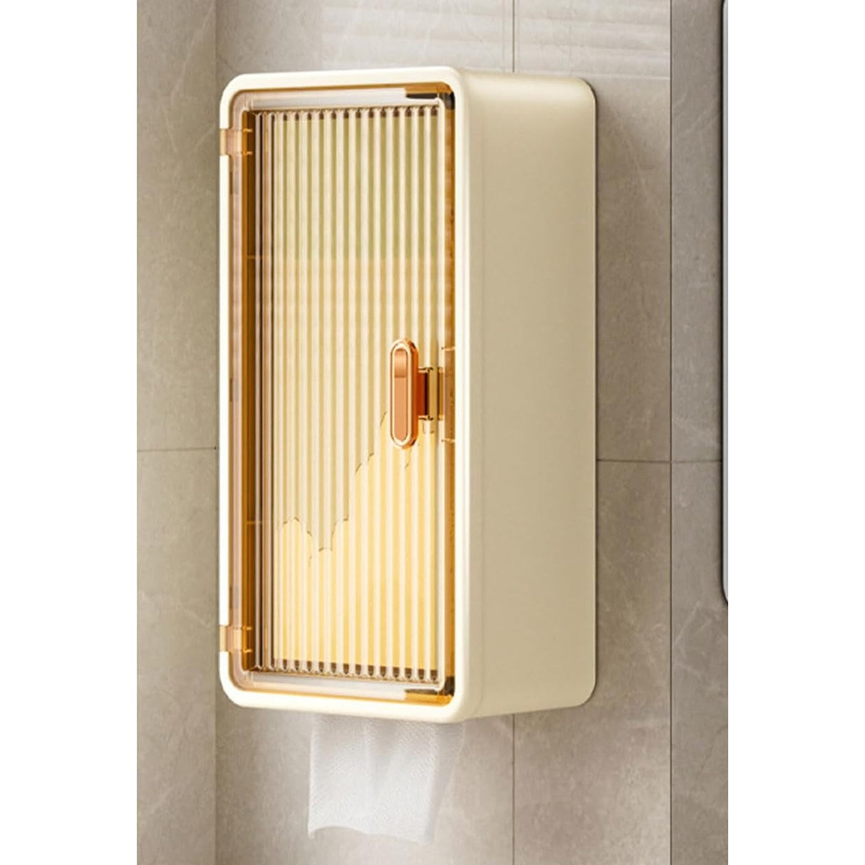 Organizator Cosmetice, Vivimall, Montare pe Perete fara Perforare, 36.5x10.9x20 cm, din PP si ABS, Bej, Usa Transparenta - vivimall.ro