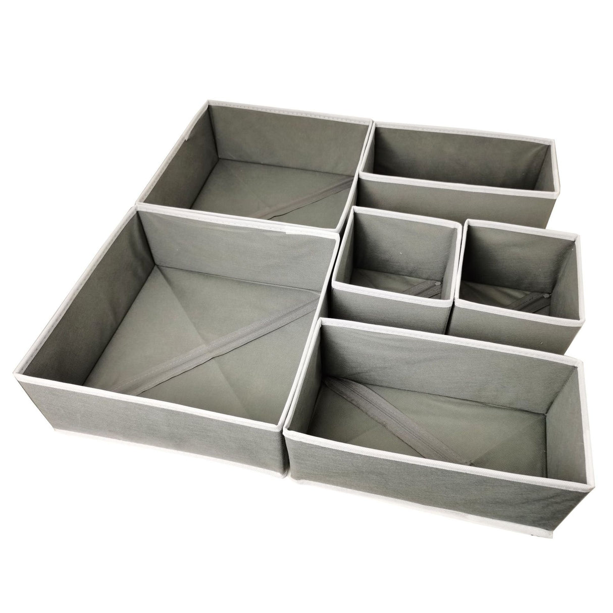 Organizator sertar set 6 piese din țesătură ecologică, 3 mărimi, design pliabil gri și alb, vedere frontală