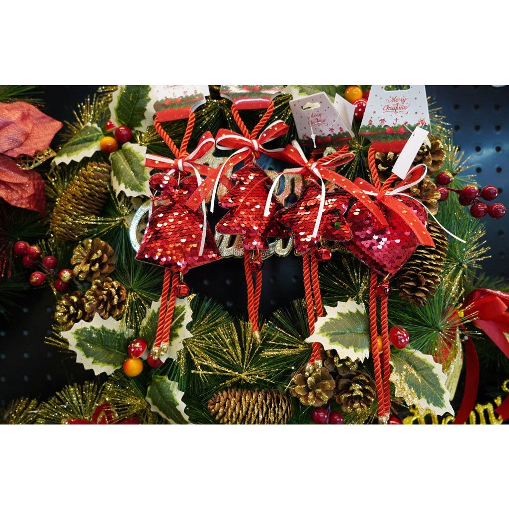 Ornament de brad clopotel cu paiete, Flippy, rosu, lemn, 25 cm - vivimall.ro