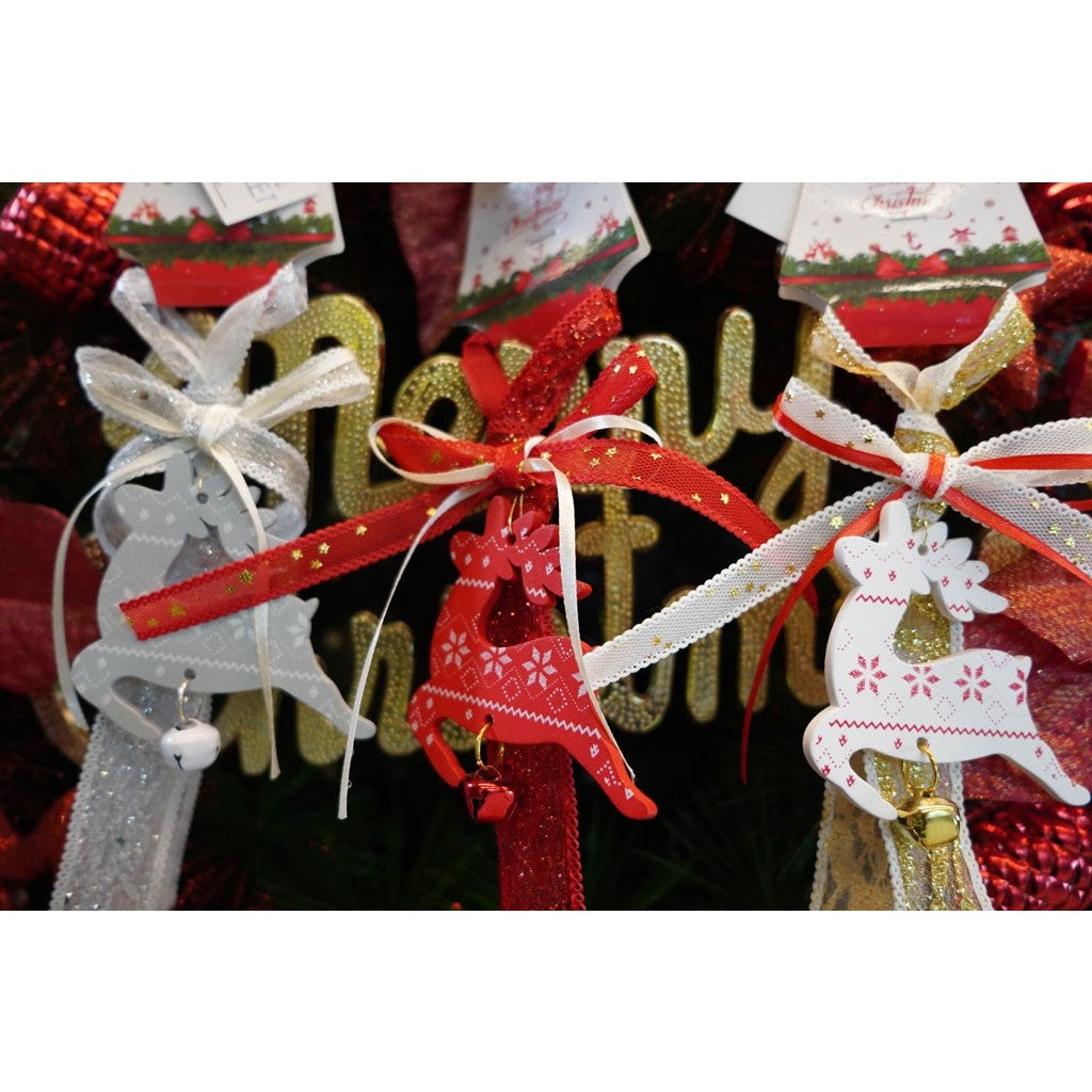 Ornament de brad craciun cerb, Flippy, alb, lemn, 25 cm - vivimall.ro