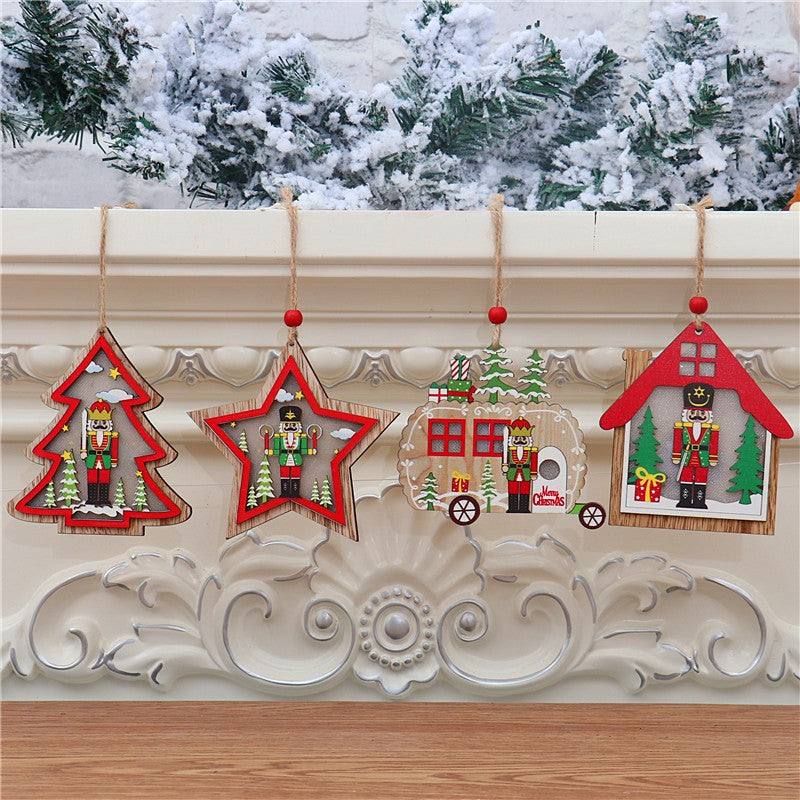 Ornament de Brad, Flippy, cu Lumini LED, din Lemn, Figurina Spargatorul de Nuci, Model Casuta, Multicolor - vivimall.ro