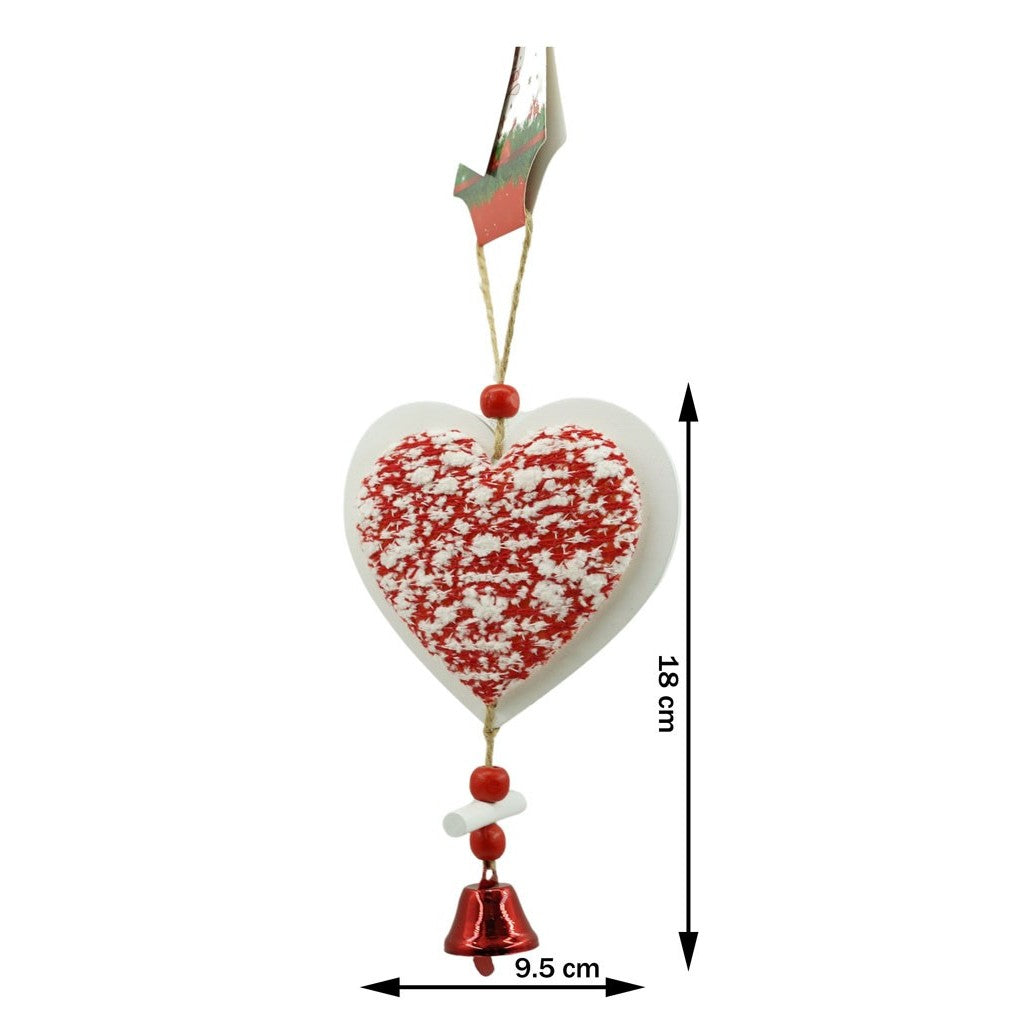 Ornament de brad inima din tweed, Flippy, alb/rosu, lemn, 18 cm - vivimall.ro