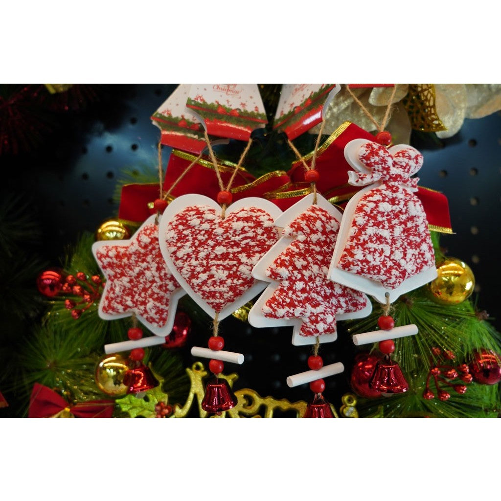 Ornament de brad inima din tweed, Flippy, alb/rosu, lemn, 18 cm - vivimall.ro