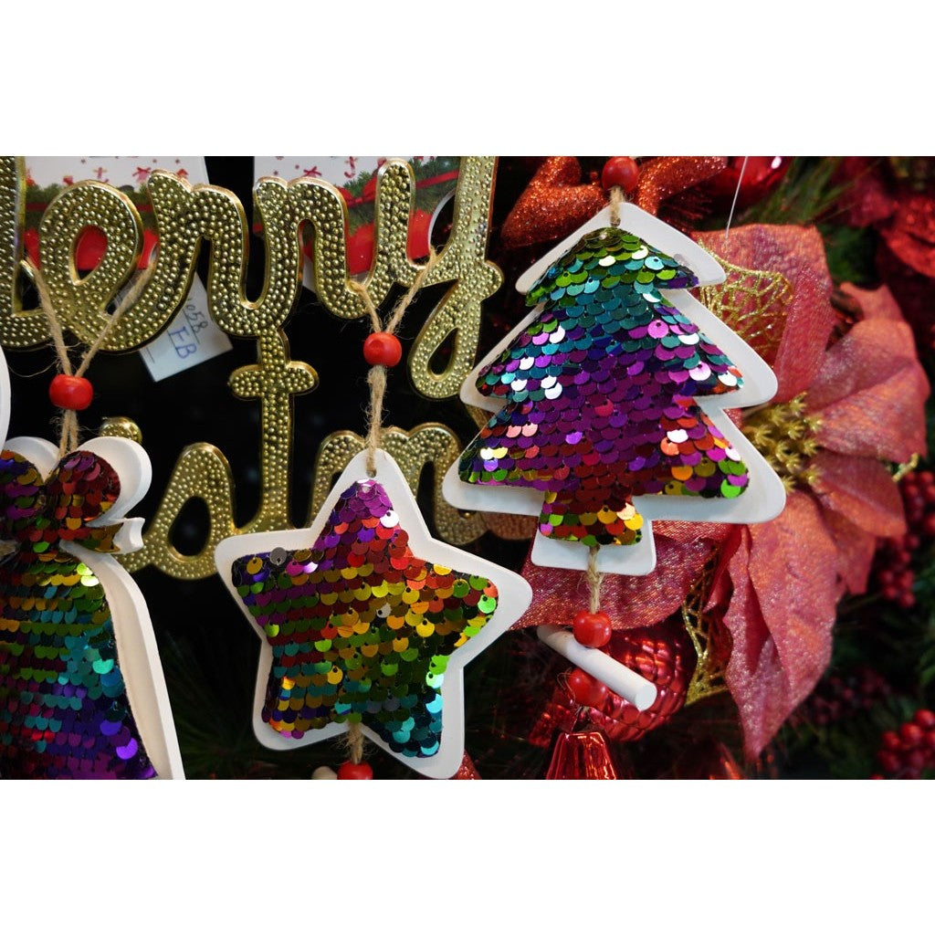 Ornament de brad stea din paiete, Flippy, multicolor, lemn, 18 cm - vivimall.ro