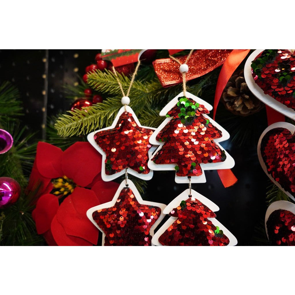 Ornament de brad trei clopotei cu paiete, Flippy, rosu, lemn, 36 cm - vivimall.ro