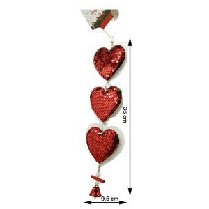 Ornament de brad trei inimi cu paiete, Flippy, rosu, lemn, 36 cm - vivimall.ro
