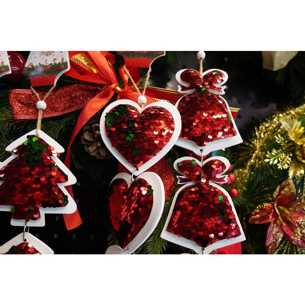 Ornament de brad trei inimi cu paiete, Flippy, rosu, lemn, 36 cm - vivimall.ro