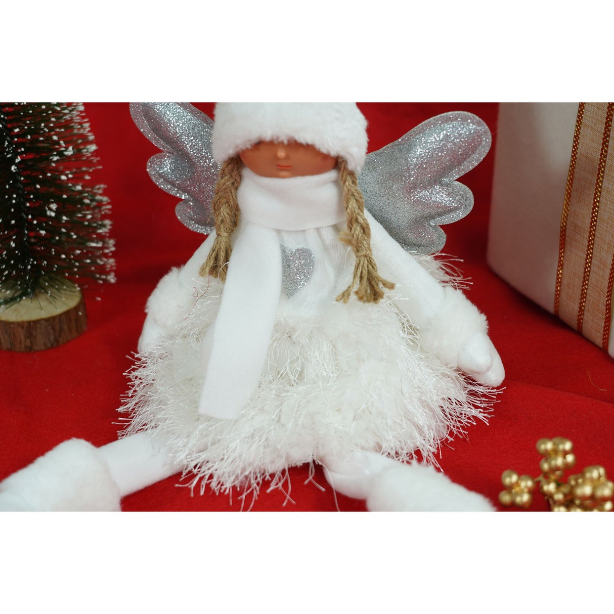 Ornament de Craciun ingeras, Flippy, alb/gri, textil, 51 cm - vivimall.ro