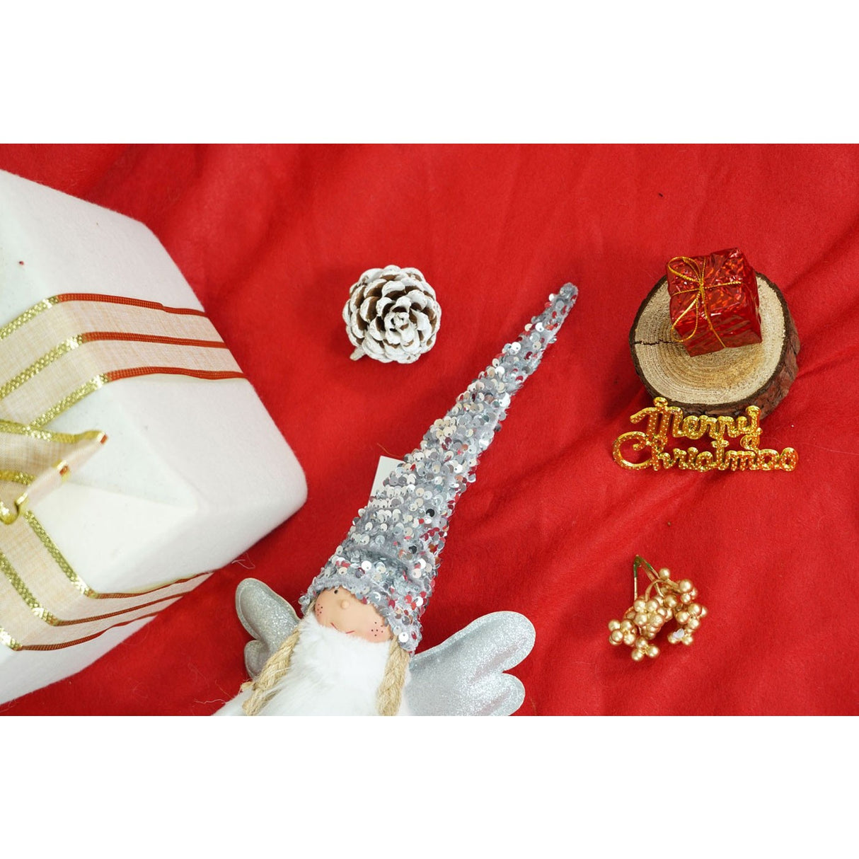 Ornament de Craciun ingeras, Flippy, alb/gri, textil, 53 cm - vivimall.ro