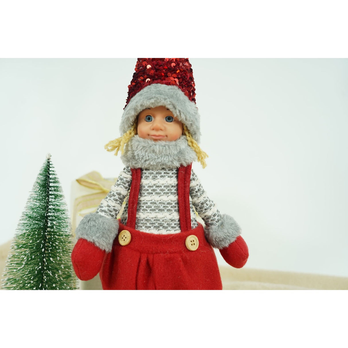 Ornament de Craciun papusa, Flippy, rosu/gri, textil, 58 cm - vivimall.ro