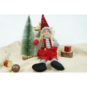 Ornament de Craciun papusa, Flippy, rosu/gri, textil, 62 cm - vivimall.ro