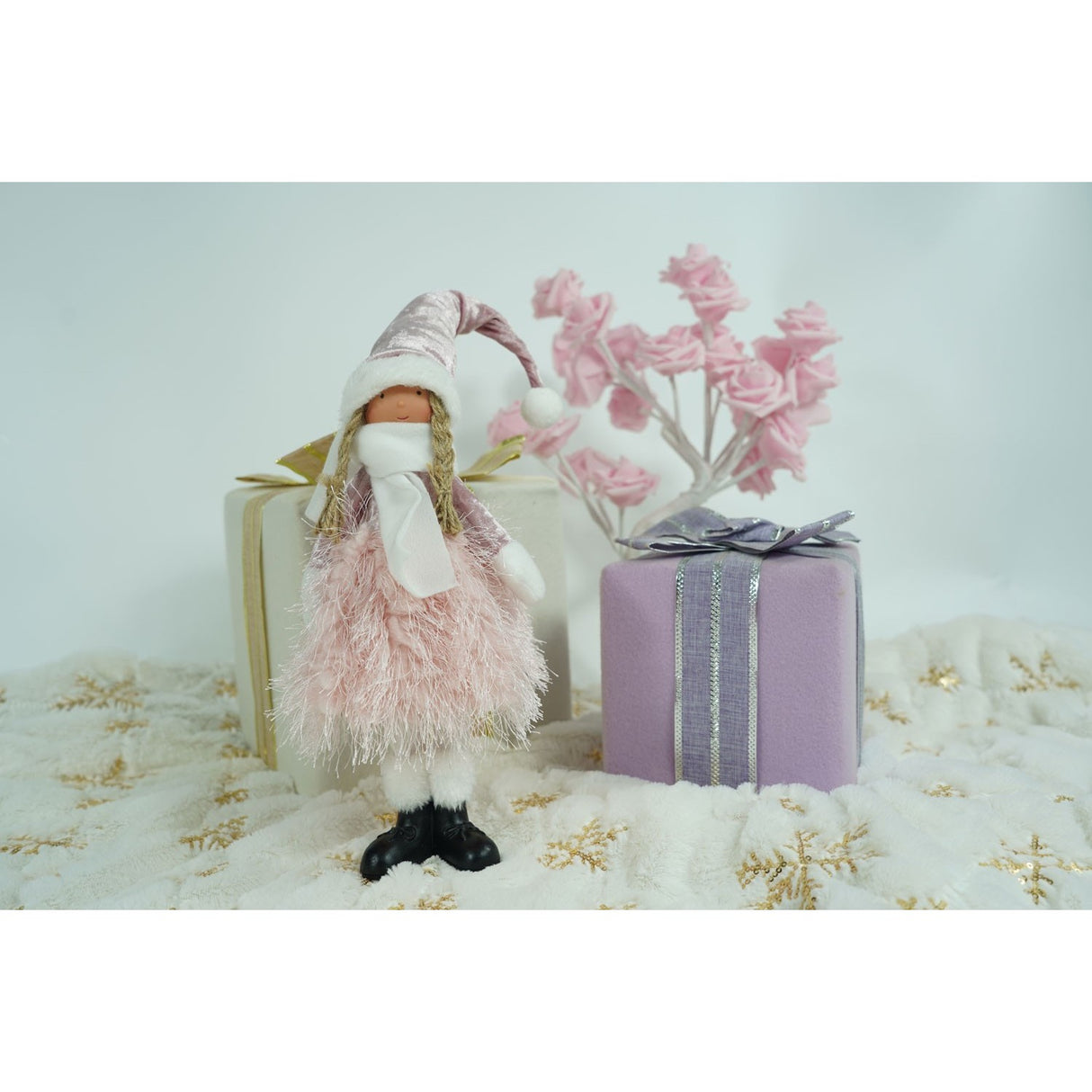 Ornament de Craciun papusa, Flippy, roz/alb, textil, 44 cm - vivimall.ro