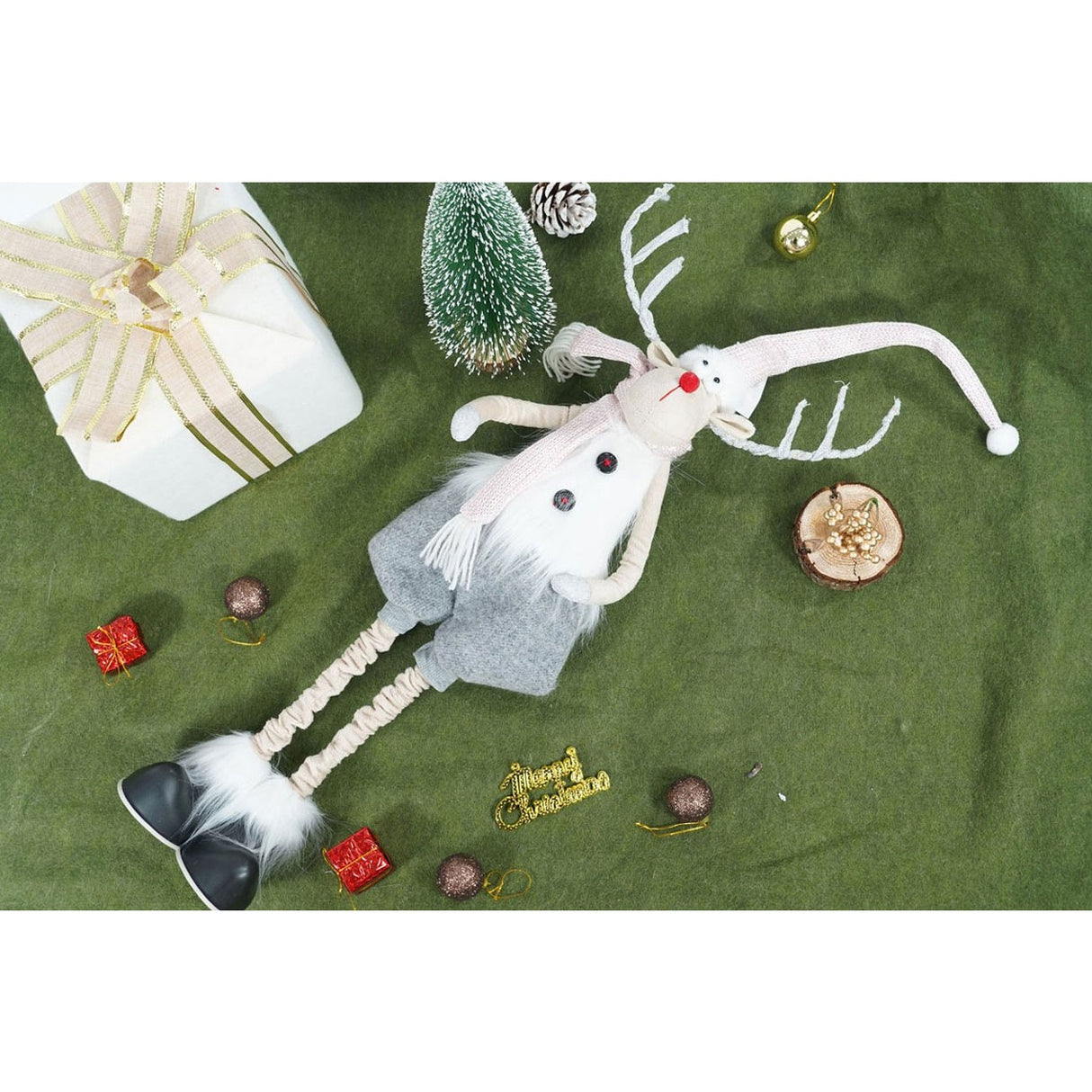 Ornament de Craciun ren cu picioare telescopice, Flippy, gri/alb, textil, 100 cm - vivimall.ro