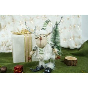Ornament de Craciun ren pe schiuri, Flippy, alb/verde, textil, 33 cm - vivimall.ro