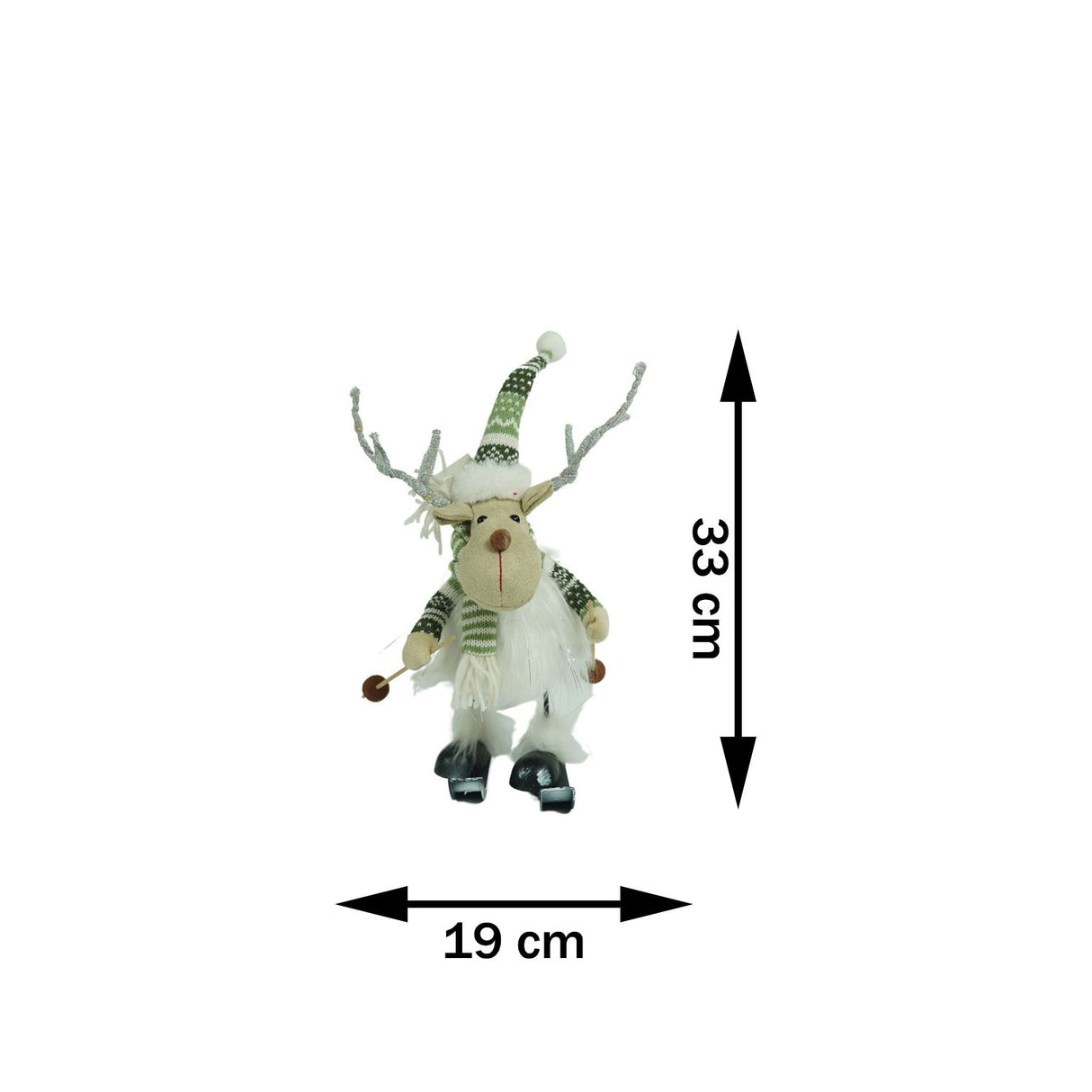 Ornament de Craciun ren pe schiuri, Flippy, alb/verde, textil, 33 cm - vivimall.ro