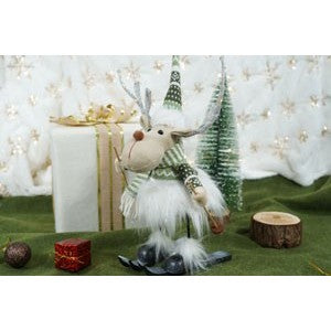 Ornament de Craciun ren pe schiuri model 2, Flippy, alb/verde, textil, 33 cm - vivimall.ro