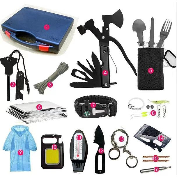 Kit Supravietuire Multifunctional Vivimall, Instrumente Profesionale, Sub Forma de Trusa, pentru Camping, Drumetii si Aventuri in Aer Liber, Albastru - vivimall.ro