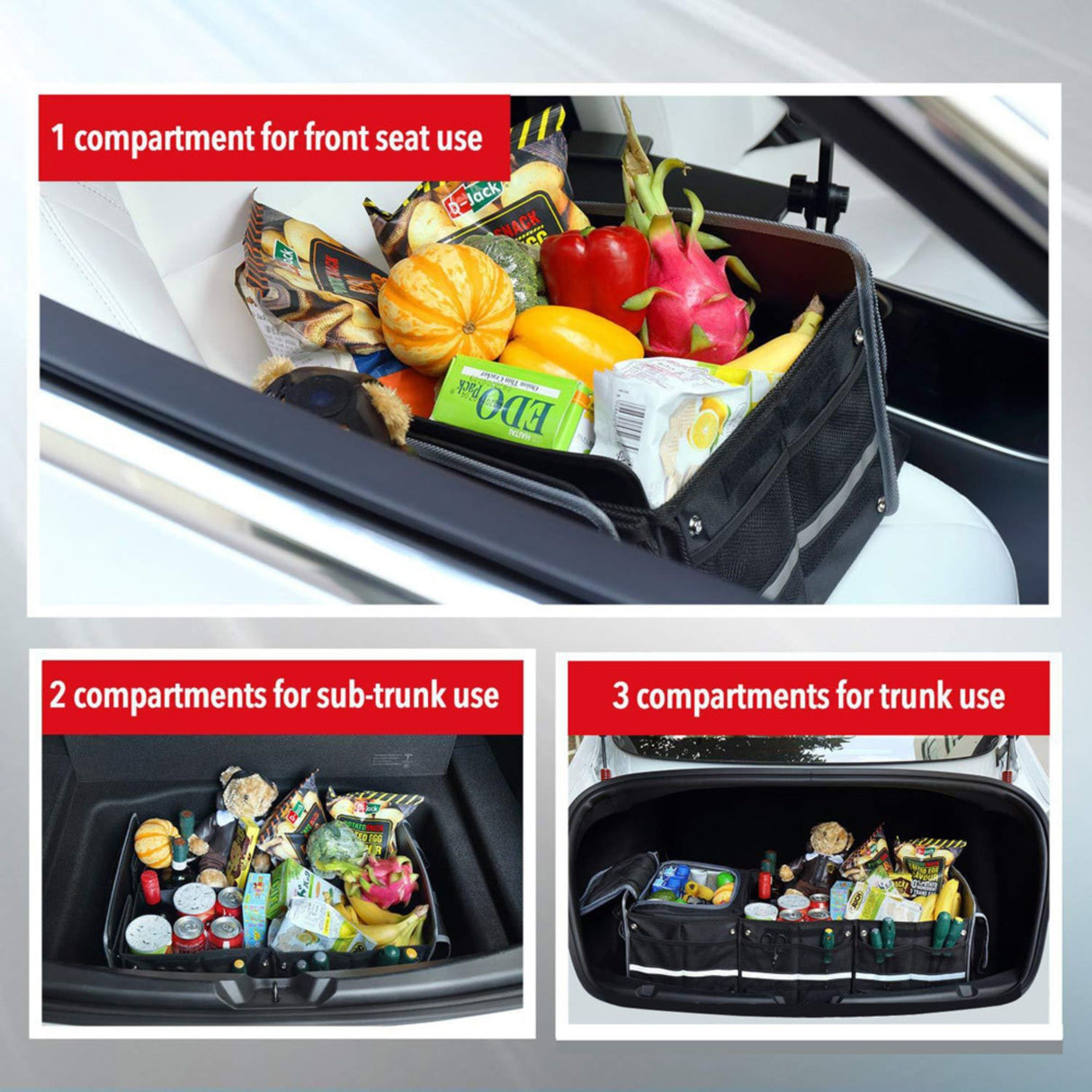 Organizator Auto pentru Portbagaj, Flippy, Model Pliabil, din Panza, cu Geanta Termoizolanta Detasabila, 3 Compartimente, Curele Ajustabile, 90 x 35 x 30 cm, Negru - vivimall.ro