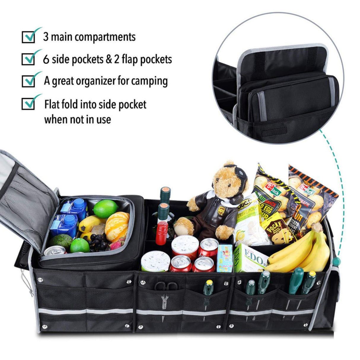 Organizator Auto pentru Portbagaj, Flippy, Model Pliabil, din Panza, cu Geanta Termoizolanta Detasabila, 3 Compartimente, Curele Ajustabile, 90 x 35 x 30 cm, Negru - vivimall.ro