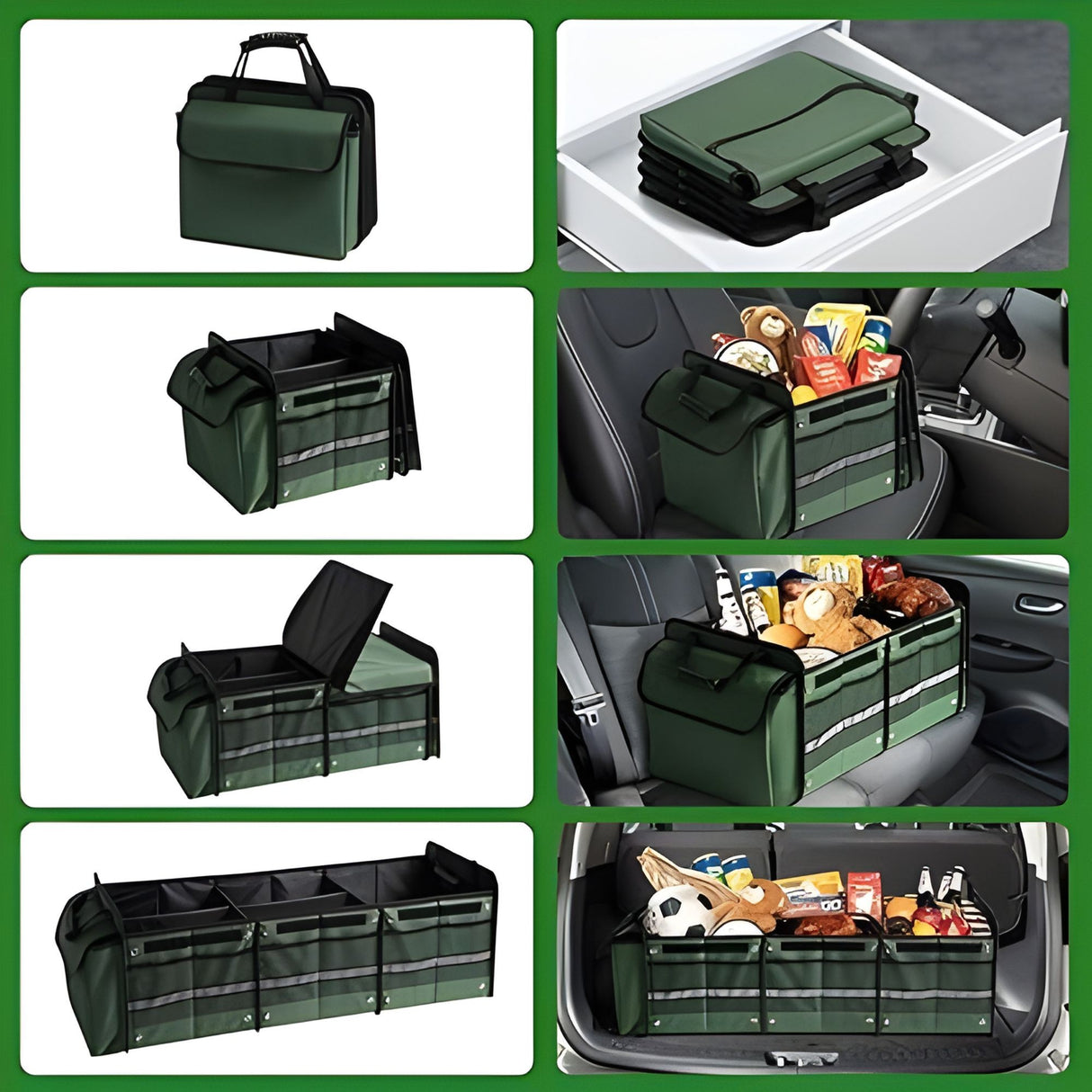 Organizator Auto pentru Portbagaj, Flippy, Model Pliabil, din Panza, cu Geanta Termoizolanta Detasabila, 3 Compartimente, Curele Ajustabile, 90 x 35 x 30 cm, Verde - vivimall.ro