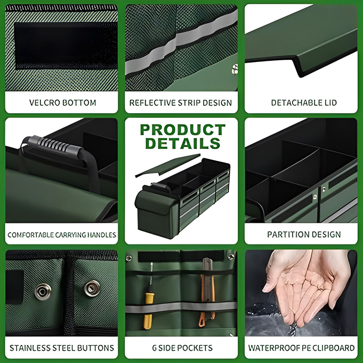 Organizator Auto pentru Portbagaj, Flippy, Model Pliabil, din Panza, cu Geanta Termoizolanta Detasabila, 3 Compartimente, Curele Ajustabile, 90 x 35 x 30 cm, Verde - vivimall.ro