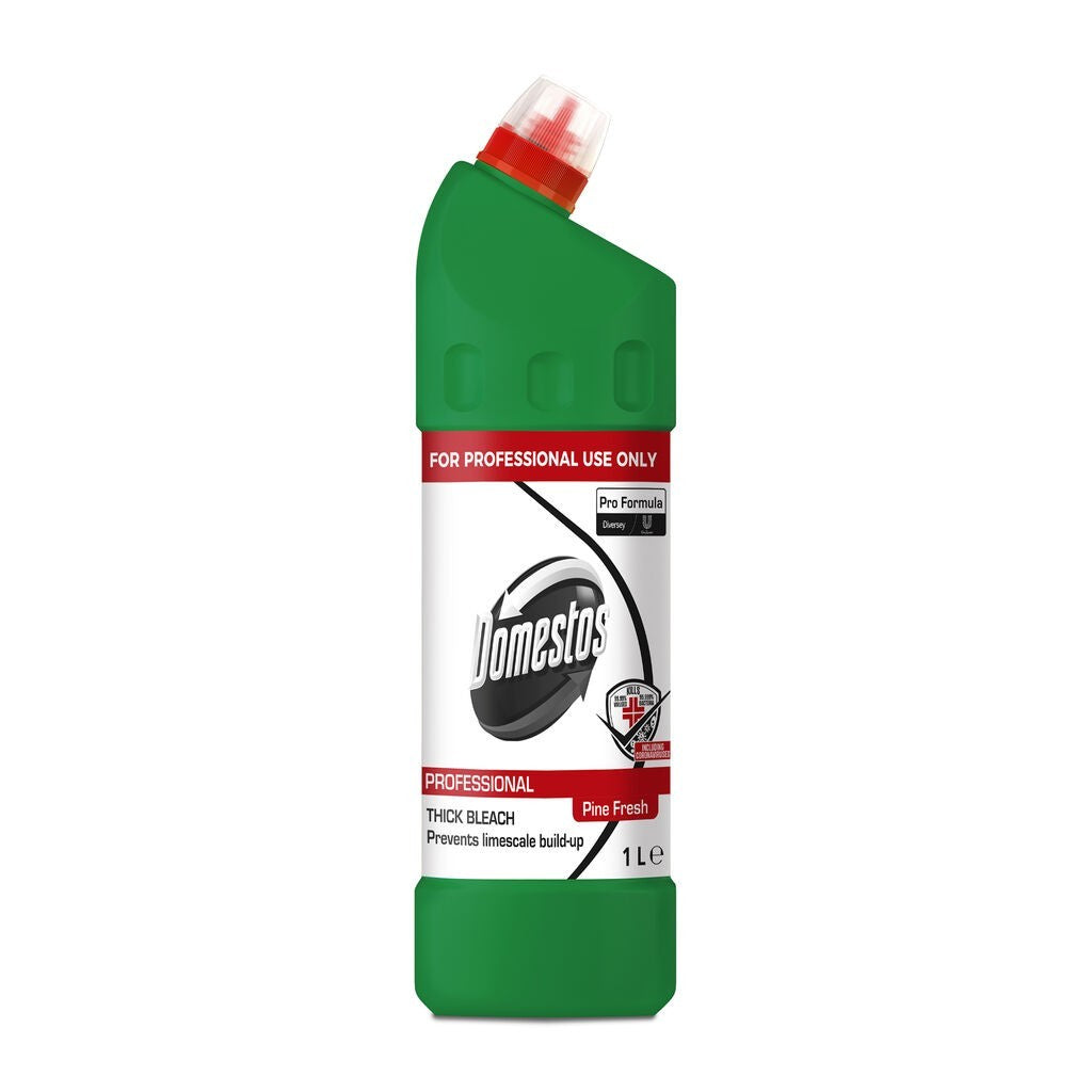 Domestos Pro Formula Pine Fresh 1 L, etichetă cu specificații clor activ și parfum proaspăt