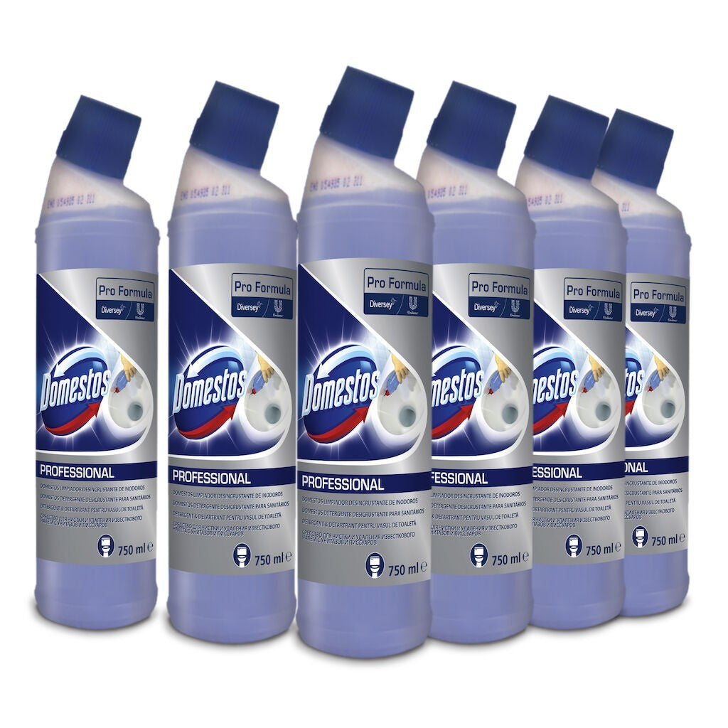 Pachet Domestos Professional Toilet Cleaner Descaler 6×0,75 L, vedere frontală toate flacoanele