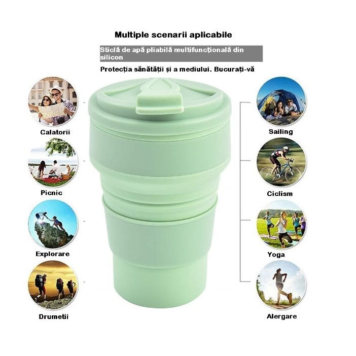Pahar pliabil din silicon Vivimall, pentru calatorii, camping, 350 ml, 8.2x6.3x9.1 cm, verde - vivimall.ro