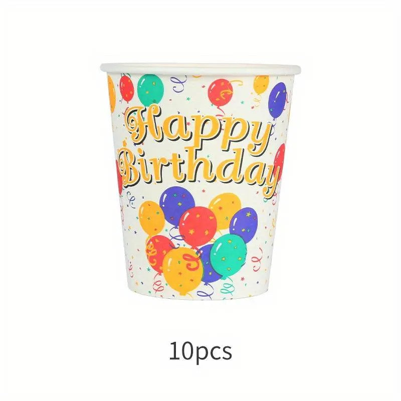 Pahare Cartonate pentru Petreceri, Vivimall, Set 10 Pahare Cartonate pentru Zile de Nastere si Aniversari, Model HAPPY BIRTHDAY, 230 ml, 8.6 x 7.5 cm, Multicolor - vivimall.ro