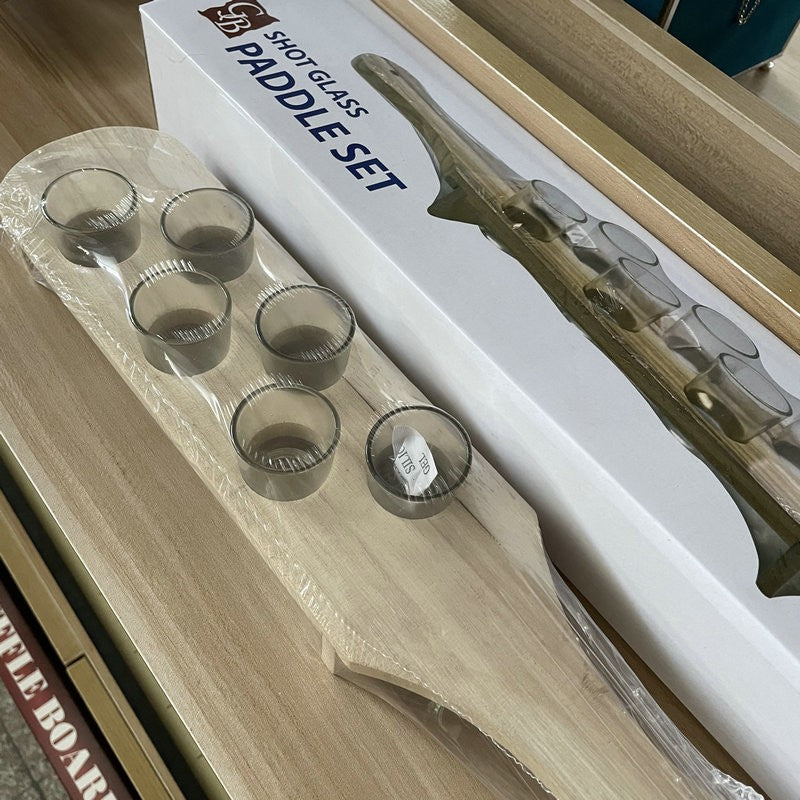 Pahare Shot din Sticla, Vivimall, Set 6 pahare pentru Shot cu Suport din Lemn, Design Rustic, 41 x 8.5 x 6 cm, Model 2, Maro - vivimall.ro