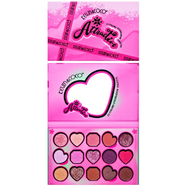 Paleta de Machiaj, KEVIN & COCO, Atractive, Farduri de Pleoape, 15 Culori, Model A, 16.5x10.8x1.5 cm, Multicolor - vivimall.ro