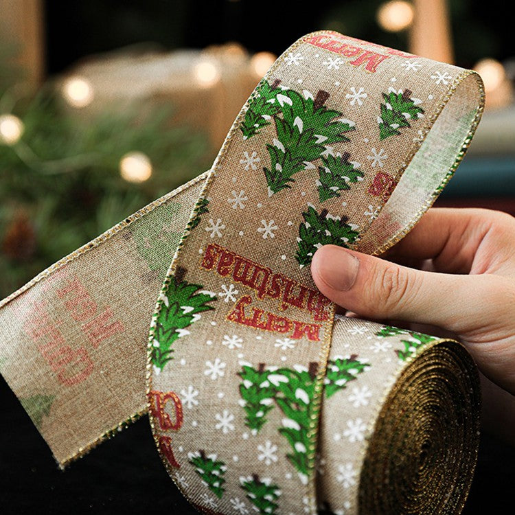 Panglica de Craciun pentru Decor Brad, Flippy, Panglica Decorativa de Craciun pentru Funde, Imprimeu Brazi Merry Christmas, 200 x 6.3 m, Khaki Verde Rosu - vivimall.ro