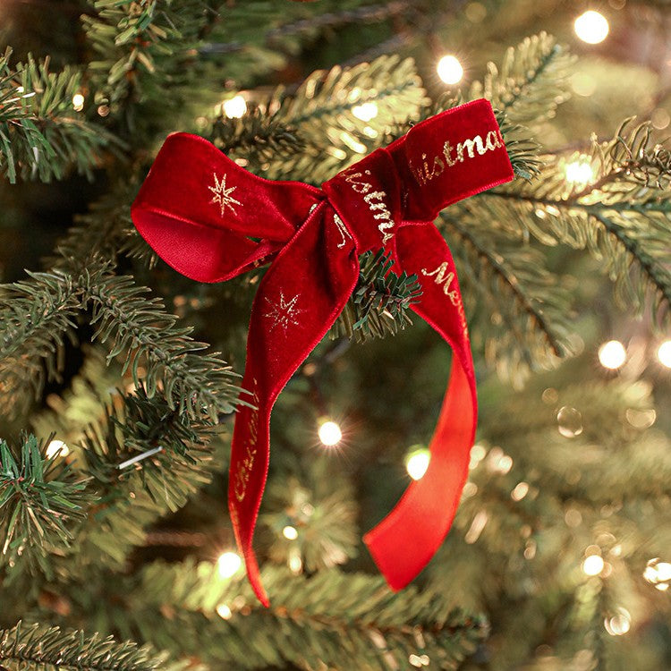 Panglica Decorativa de Craciun, Flippy, Panglica din Panza cu aspec de Catifea, Funda Ornament, Model Merry Christmas si Cerbi Aurii, Decor pentru Brad de Craciun, 200 x 2.5 cm, Rosu - vivimall.ro