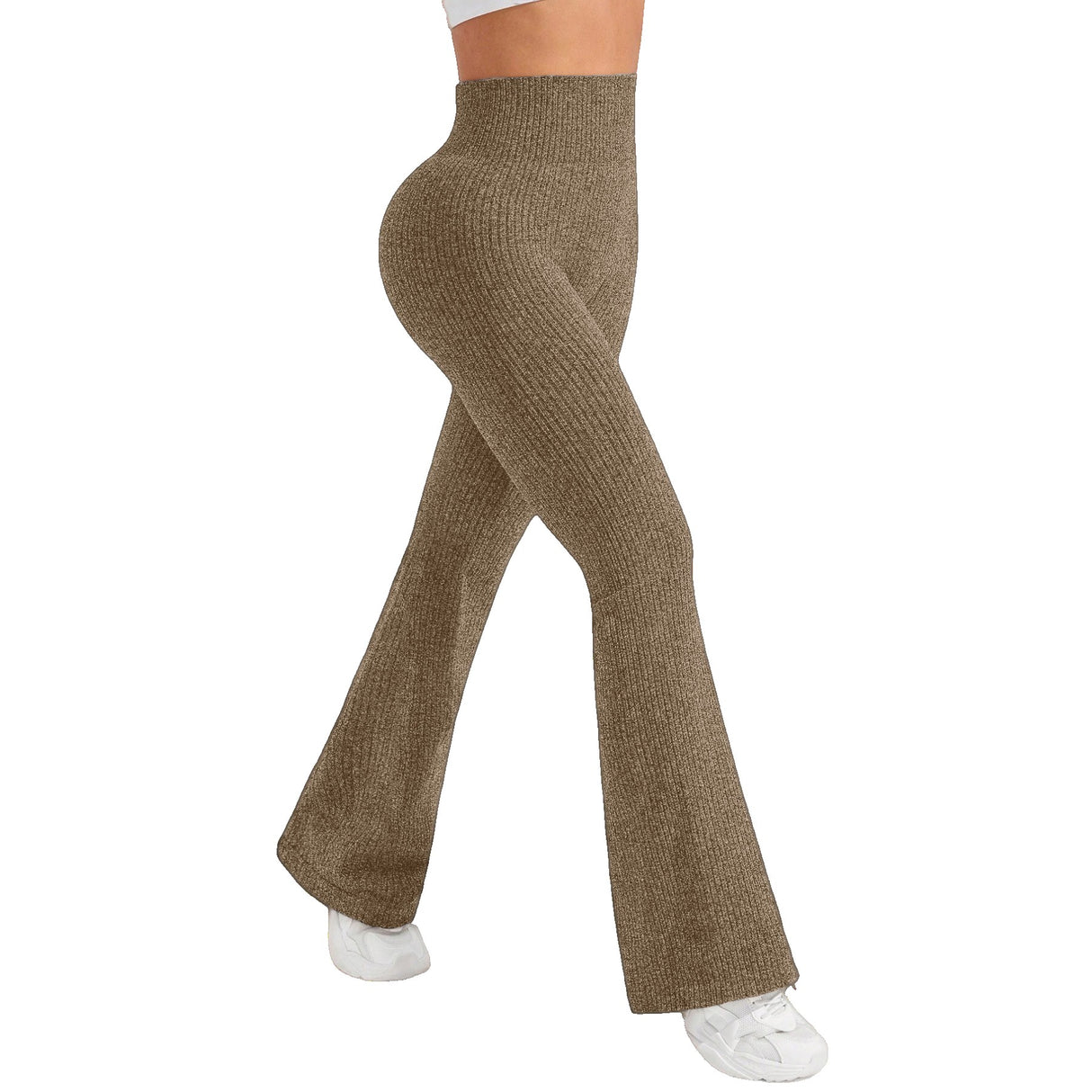 Pantaloni tricotați damă Vivimall, talie înaltă evazați khaki, vedere frontală, mărime S